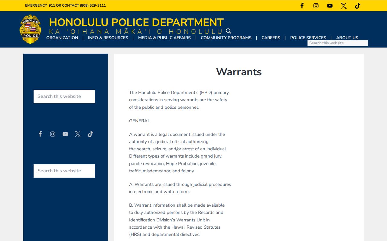 Hawaiʻi active warrant process and Honolulu police policy