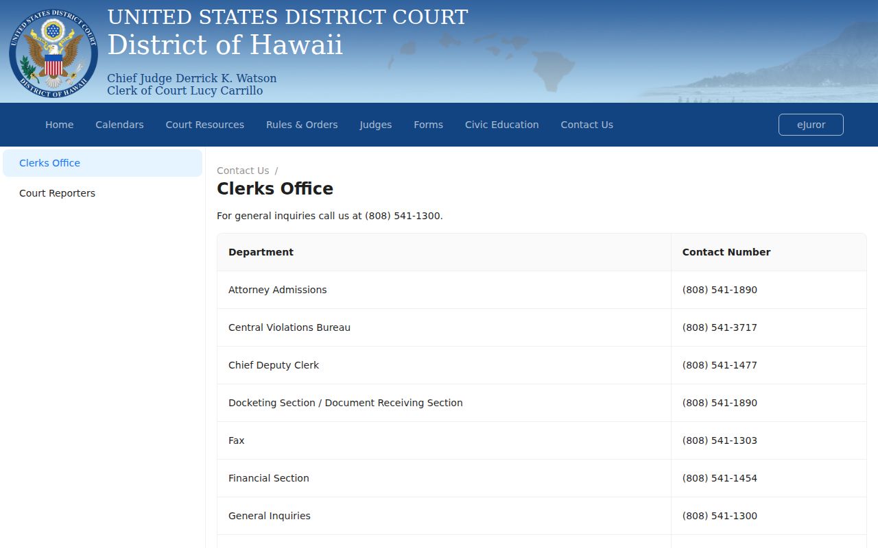 Hawaiʻi arrest warrant records source showing the U.S. District Court Clerk’s Office contact page