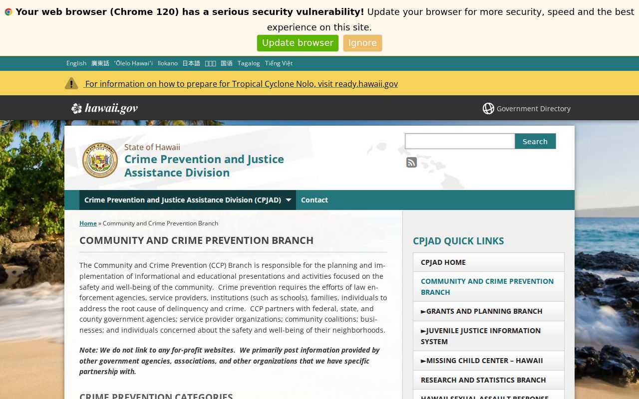 Hawaiʻi most-wanted tip resource showing the Attorney General’s community and crime-prevention page