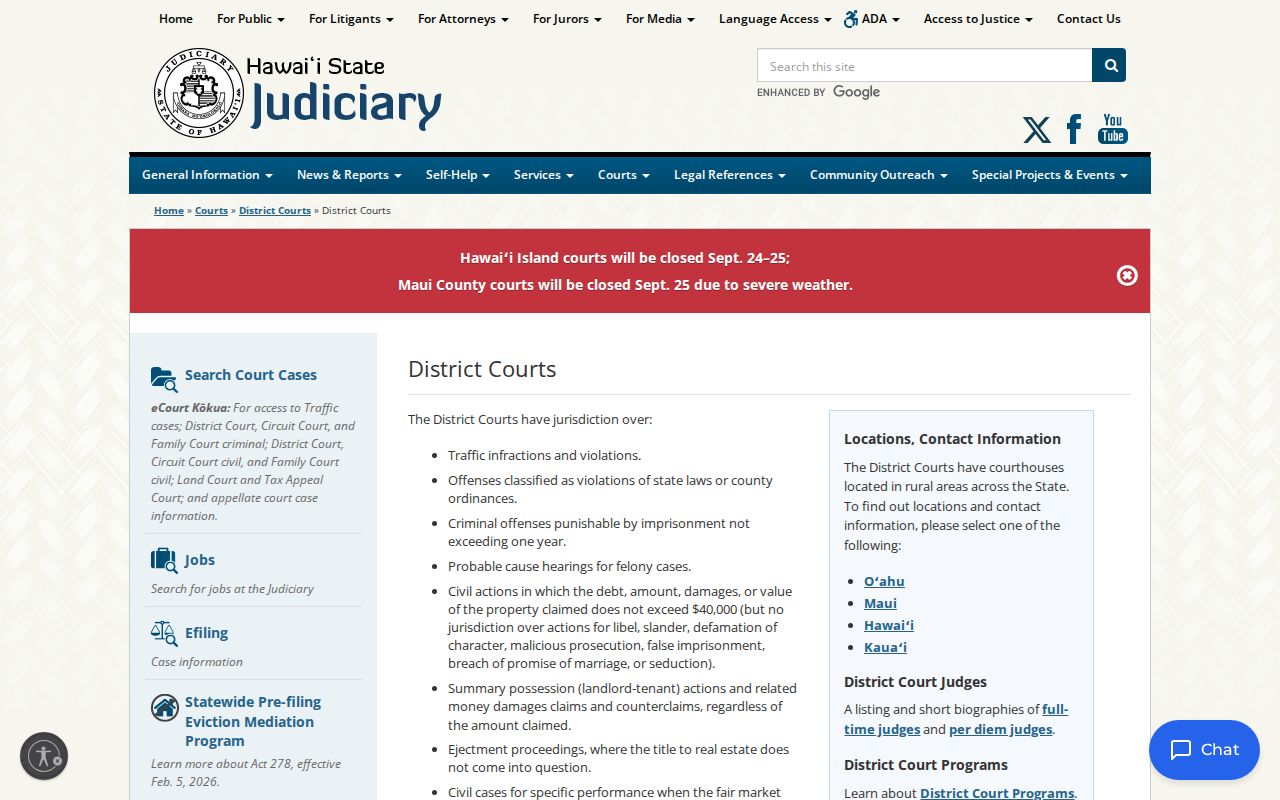 Hawaiʻi traffic warrant court source showing District Court jurisdiction and island locations