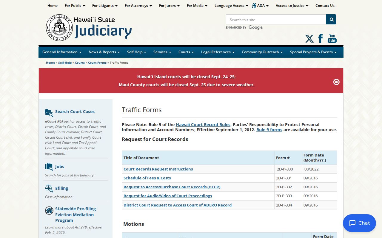 Hawaiʻi traffic warrant forms source showing Judiciary traffic forms and motion records