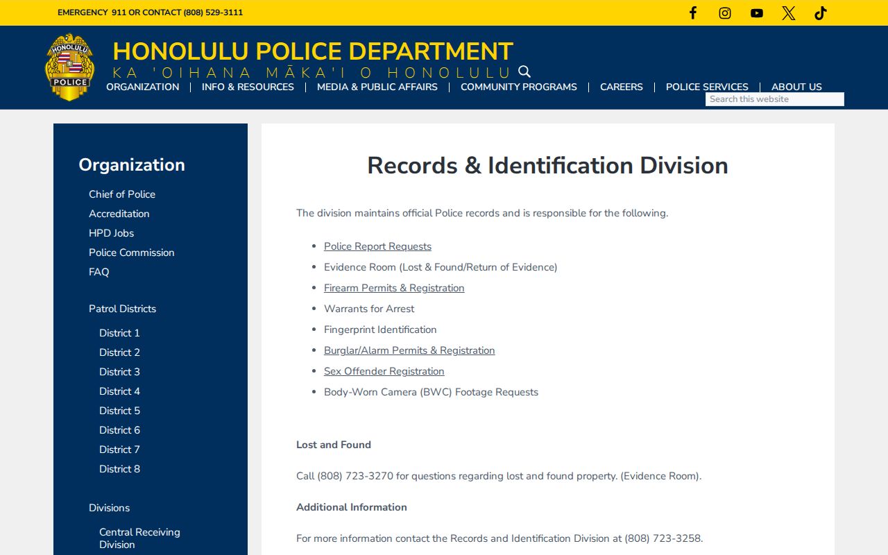 Hawaiʻi warrant search and Honolulu Police Department Records Division