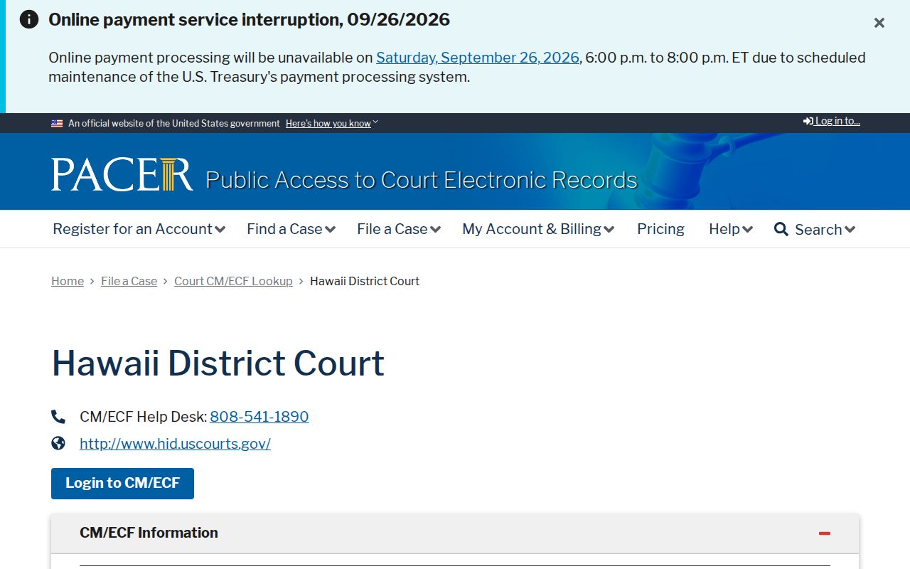 Hawaiʻi warrant system source showing PACER’s District of Hawaiʻi CM/ECF court lookup