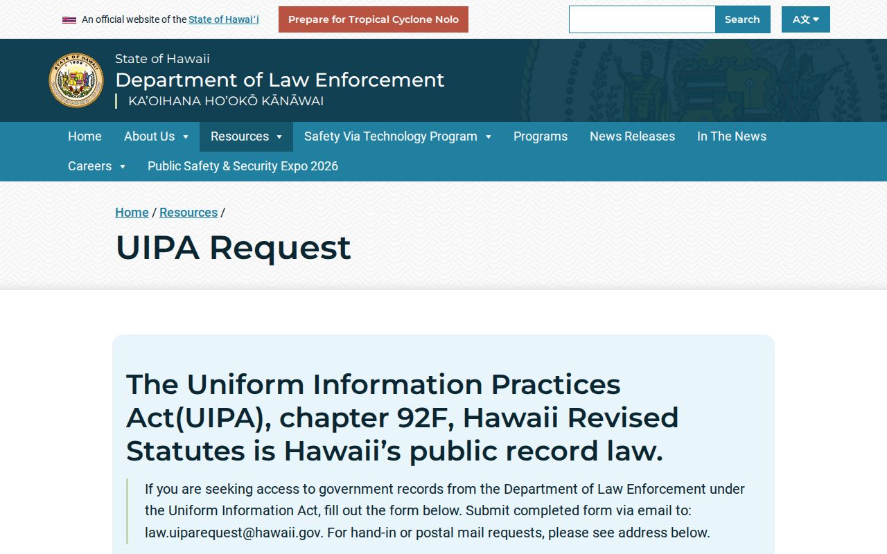 Hawaiʻi warrant-record access request instructions for Department of Law Enforcement records